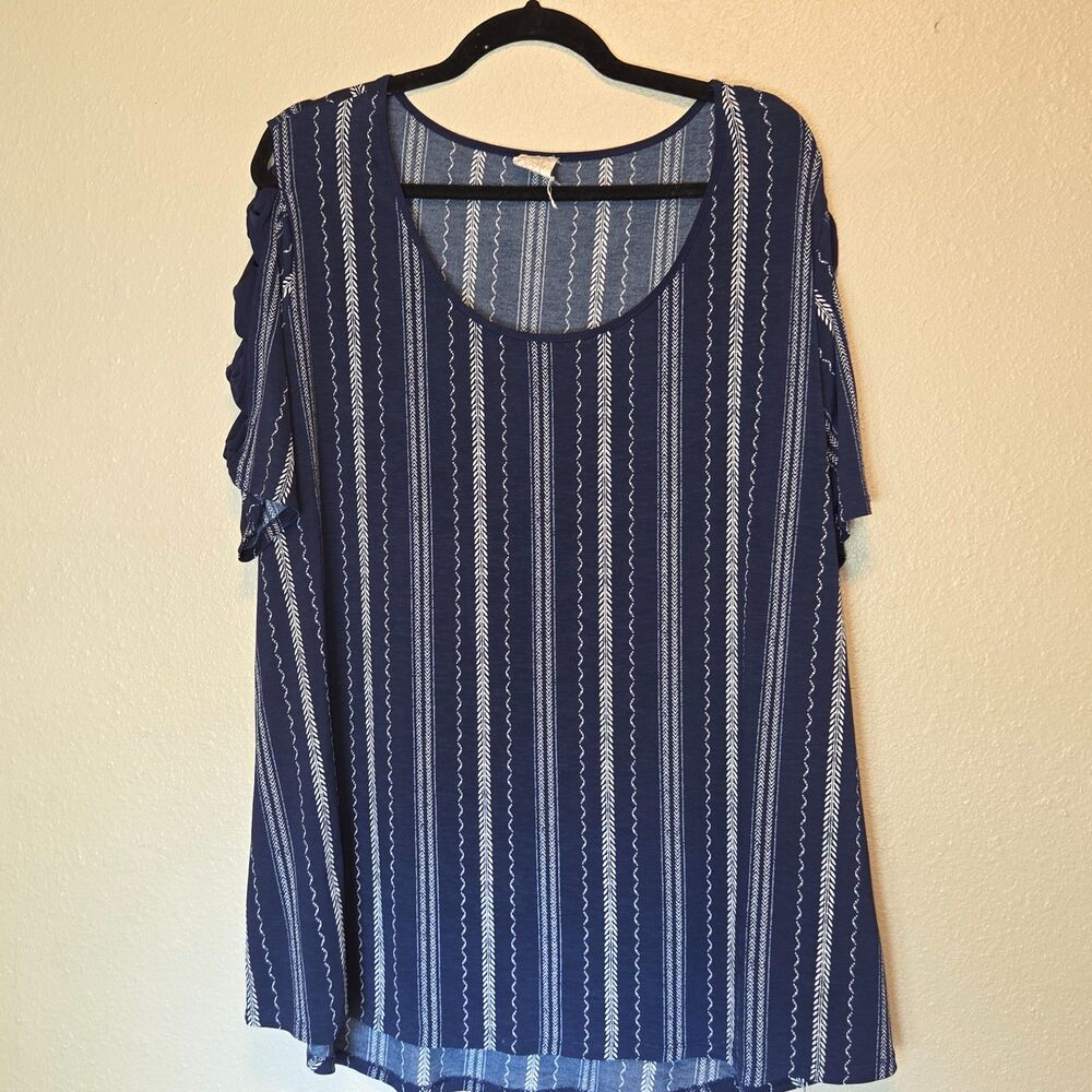 Naif Navy Blue Boho Geometric Striped Cold Shoulder Tunic Top Plus Size 2X